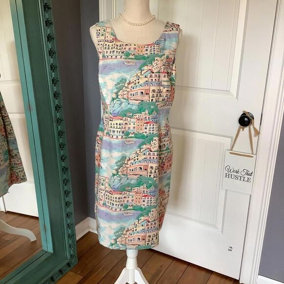 Talbot's Charming Vintage Cityscape Print Dress Size 14 - Picture 1 of 6